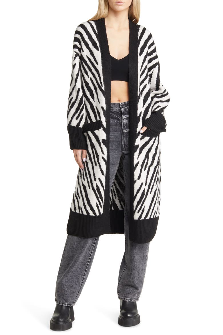 Zebra Print Maxi Cardigan, Main, color, BLACK