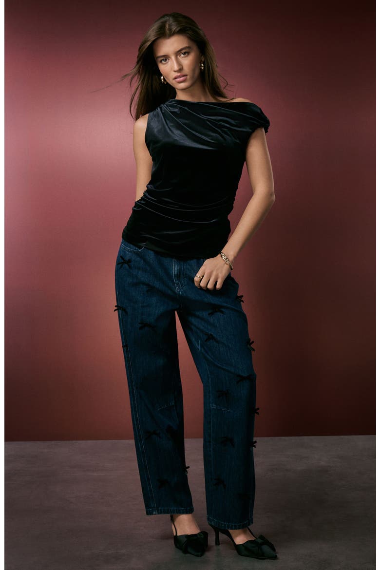 Asymmetric Neck Ruched Velvet Top, Alternate, color, BLACK