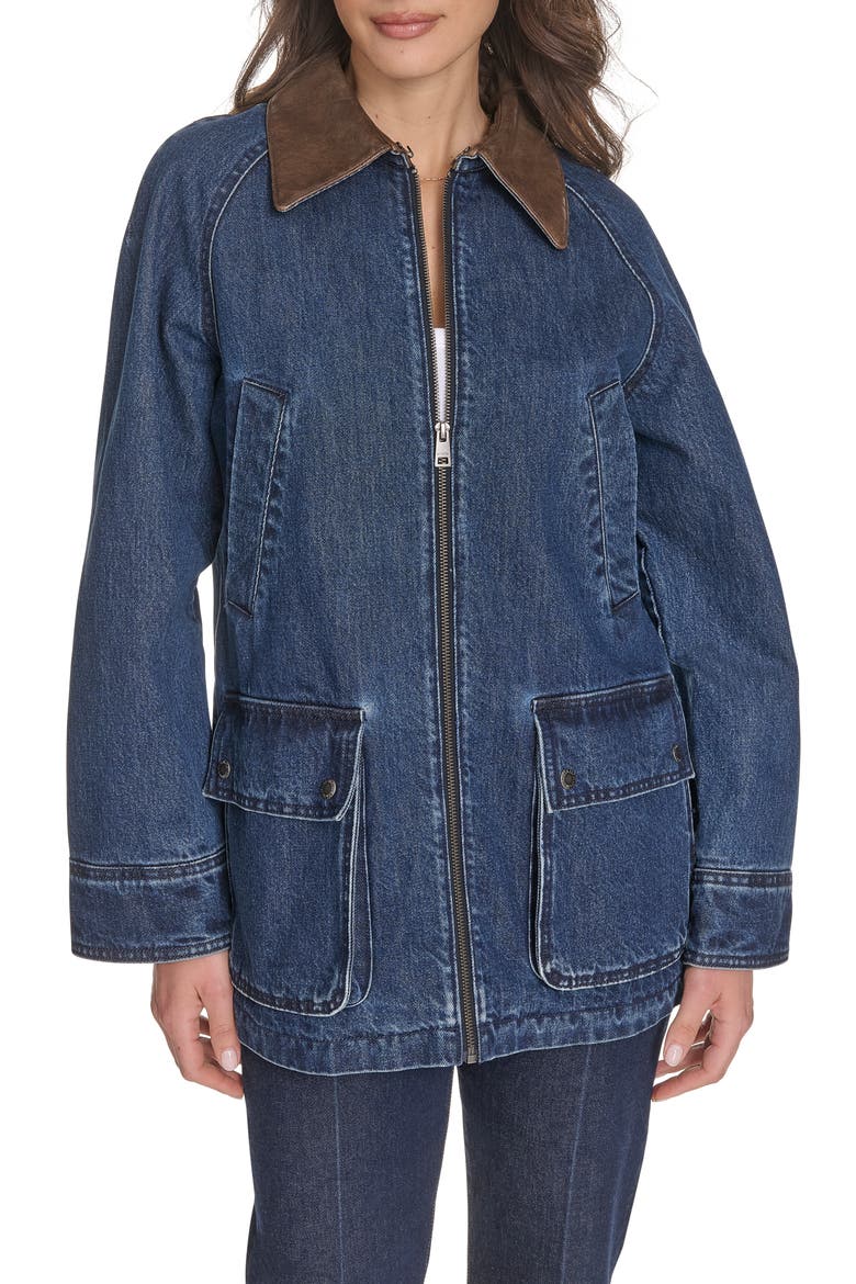 Four Pocket Barn Jacket, Main, color, DARK WASH DENIM