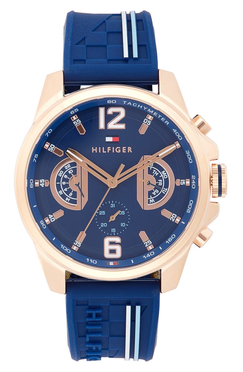 Tommy Hilfiger Tucker Multifunction Silicone Strap Watch, 46mm, Main, color, Blue