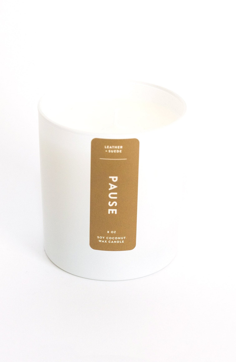 Joy Paper Co. Pause Leather Suede Coconut Soy Candle, Main, color, White With Gold