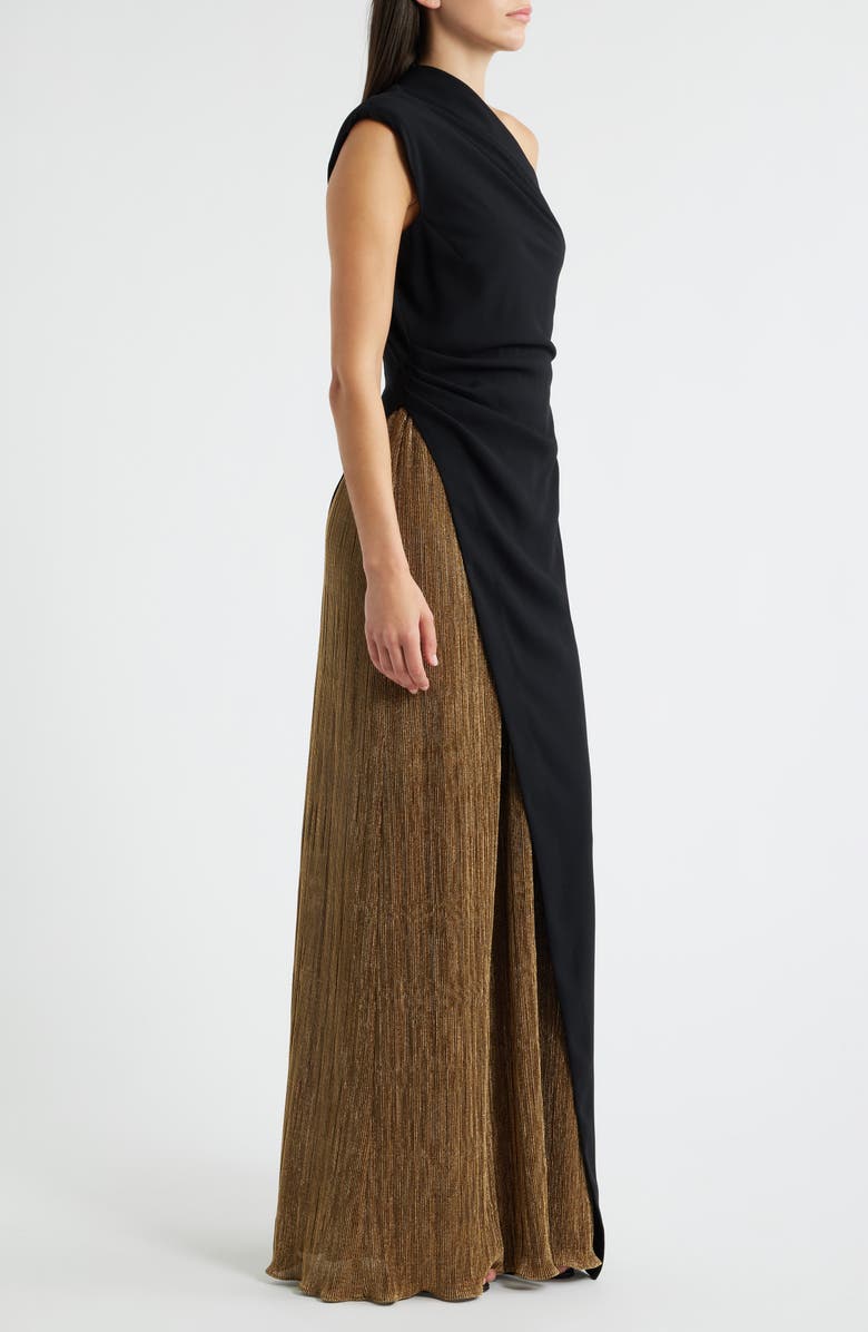 Black Halo Marigold One-Shoulder Metallic Mixed Media Stretch Crepe Gown, Alternate, color, Glimmer Gold