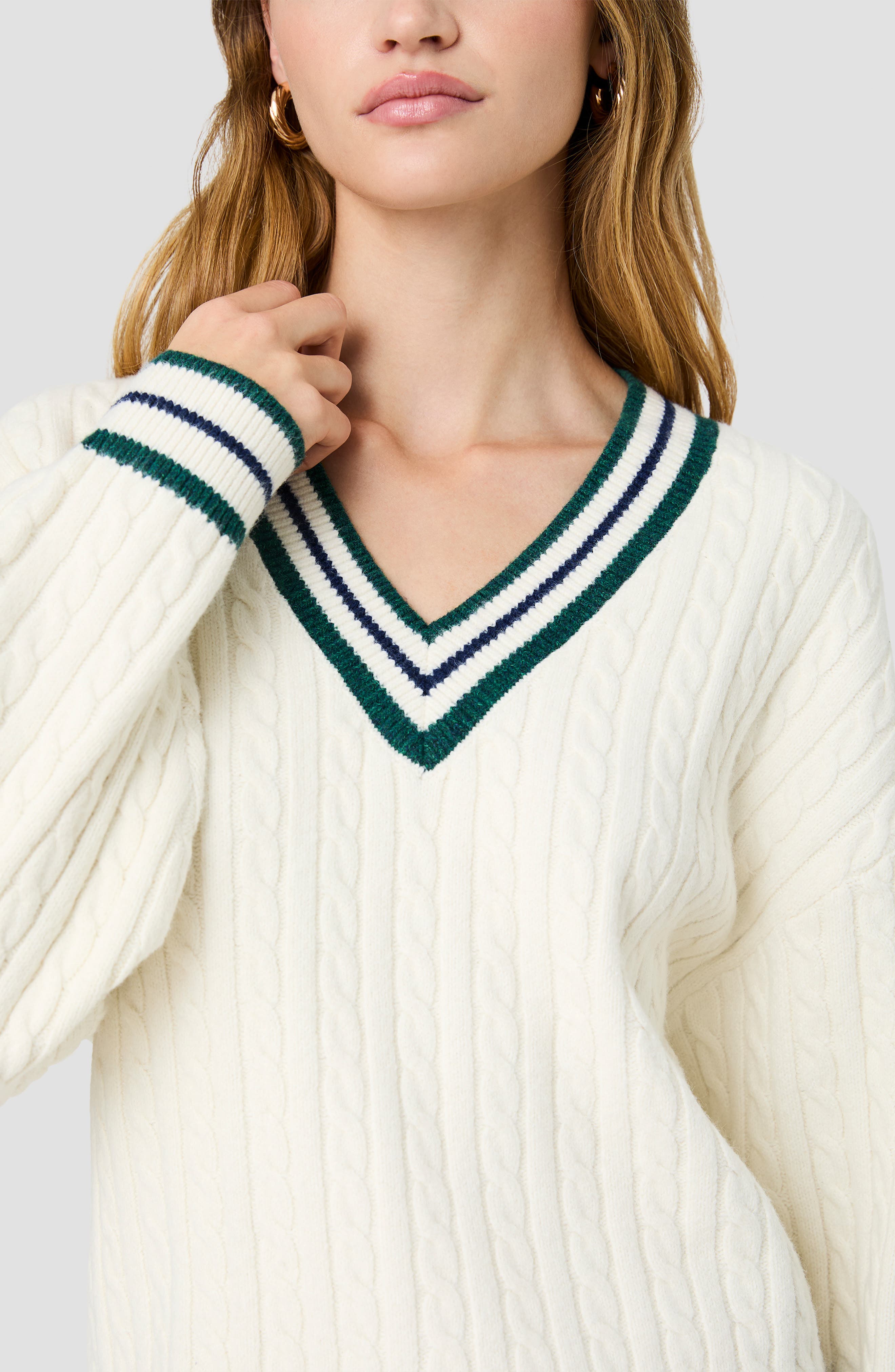 French Connection Aleyna Striped V-Neck Cable Sweater (Women) | Nordstrom