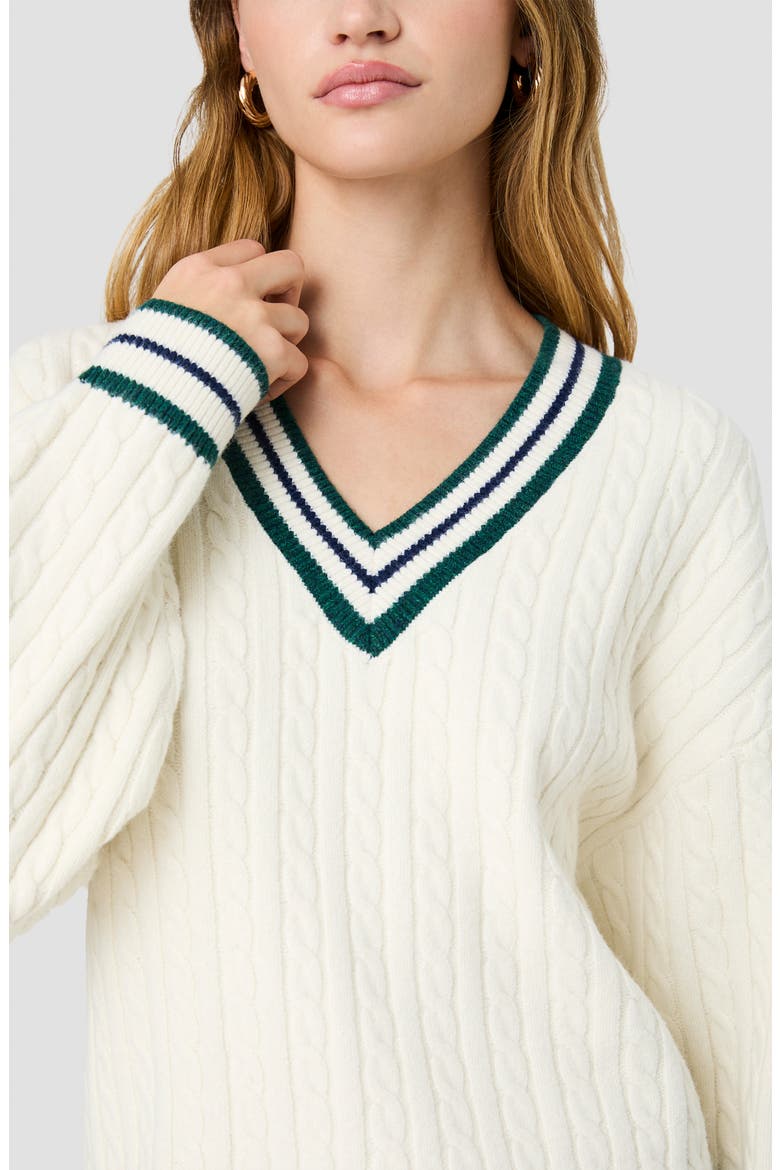 Aleyna Striped V-Neck Cable Sweater, Alternate, color, PORCELAIN CREAM/ TEAL/ MARINE