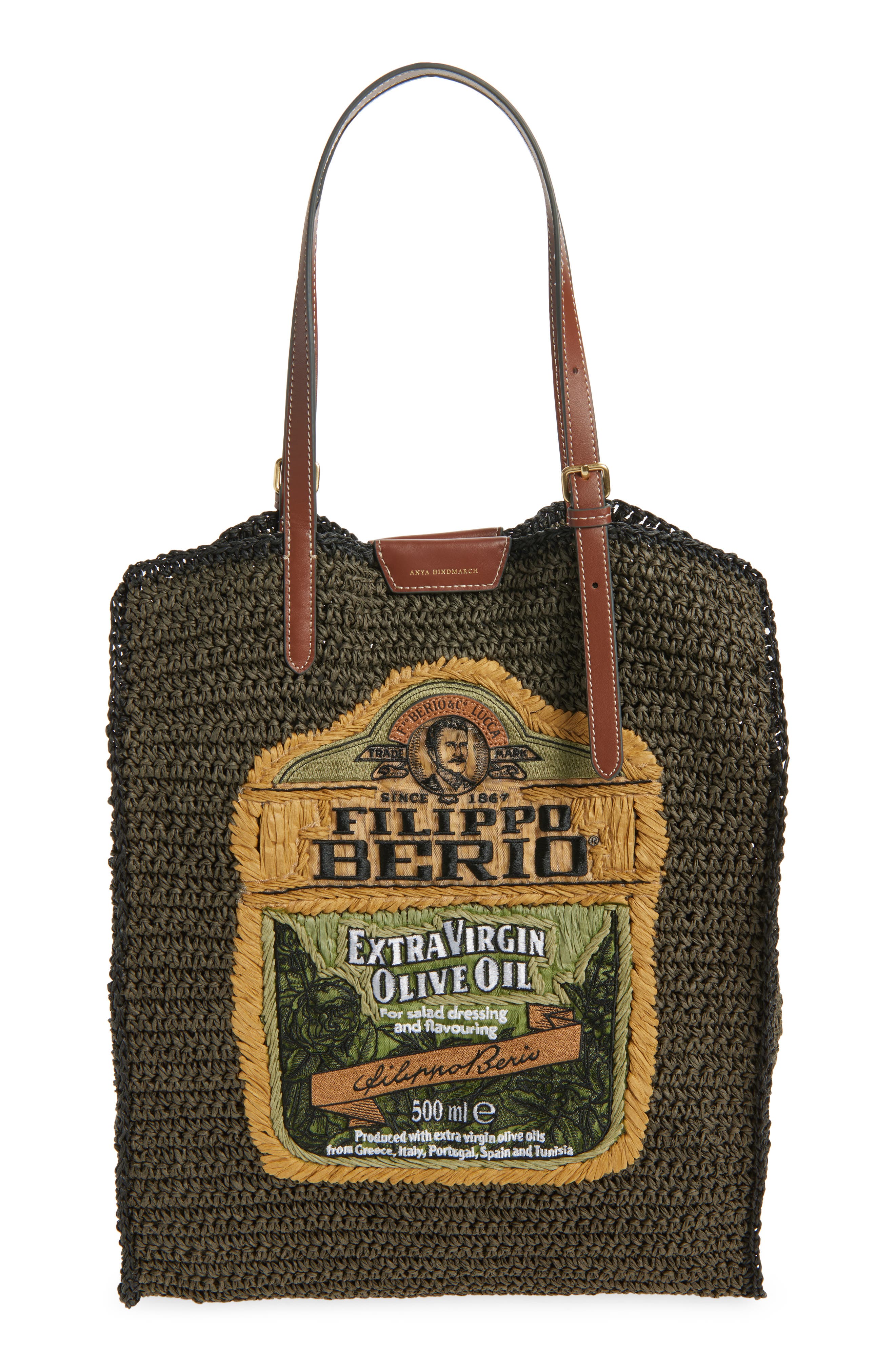 Anya Hindmarch Olive Oil Woven Raffia North/South Tote, Main, color, Khaki