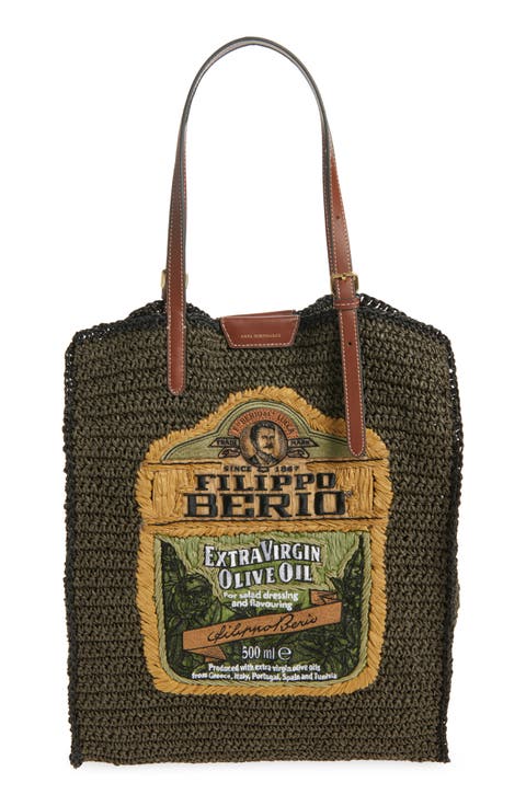 Olive Oil Woven Raffia North/South Tote
