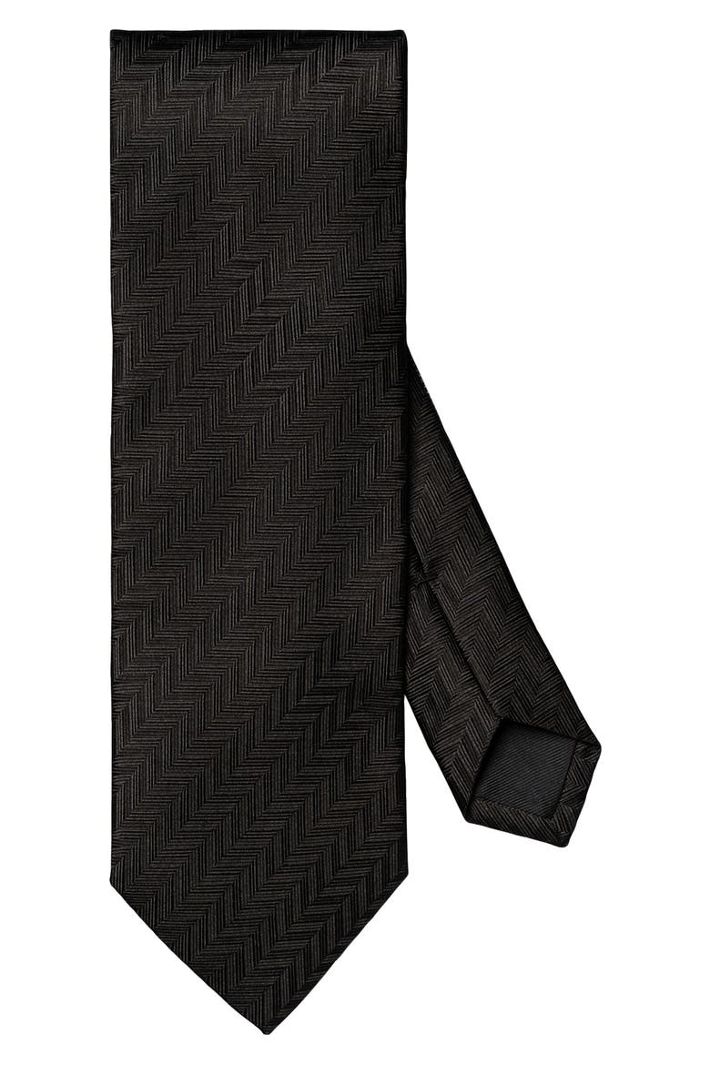 Solid Black Silk Herringbone Tie, Main, color, BLACK