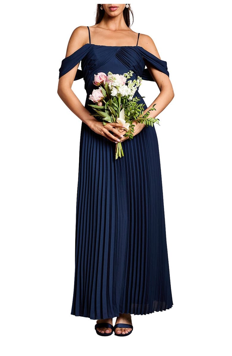 Coast Bardot Pleated Maxi Bridesmaid Dress, Alternate, color, Navy