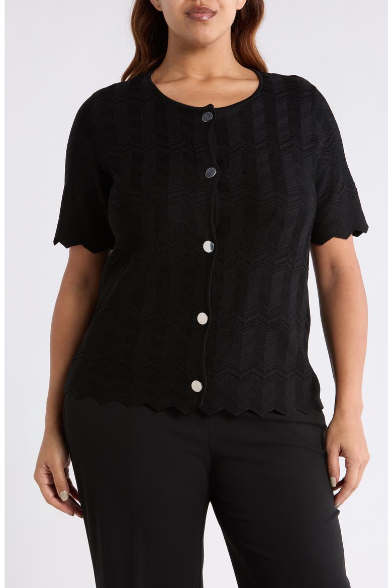 Pointelle Short Sleeve Cardigan, Alternate, color, ANNE BLACK