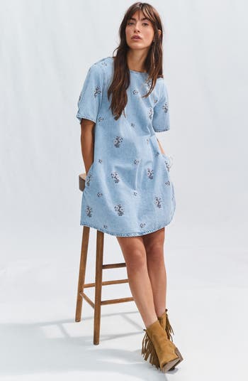 Floral Cross-Stitch Denim Shift Dress