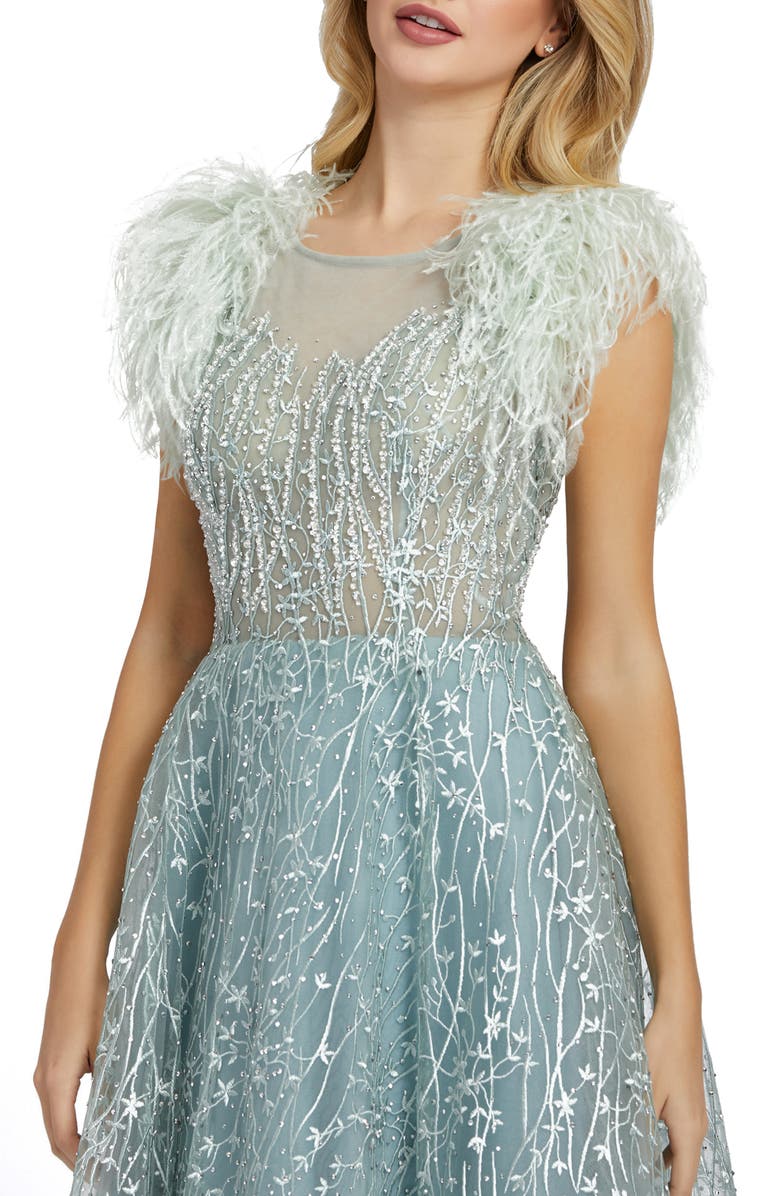 Mac Duggal Crystal Lace Feather Sleeve A-Line Gown, Alternate, color, 