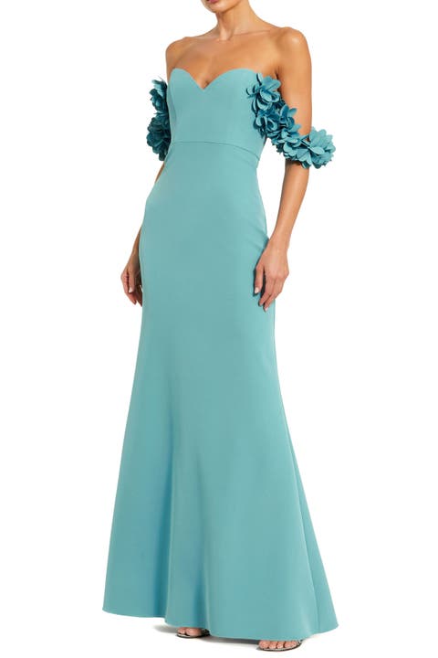 Crepe Off The Shoulder Gown With 3D Flowers