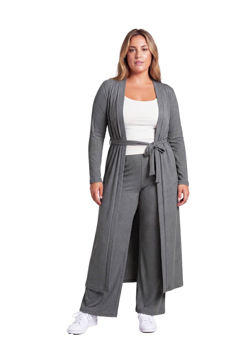 Curvy Basic Long Sleeve Tie Waist Soft Jacket and Elastic Waist Wide Leg Pant Set, Main, color, Smoke