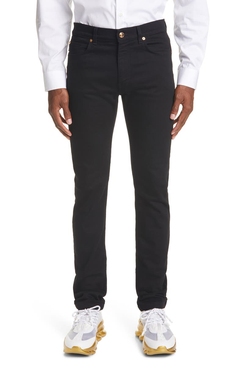 Versace Via Gesù Logo Plaque Slim Fit Jeans, Main, color, 