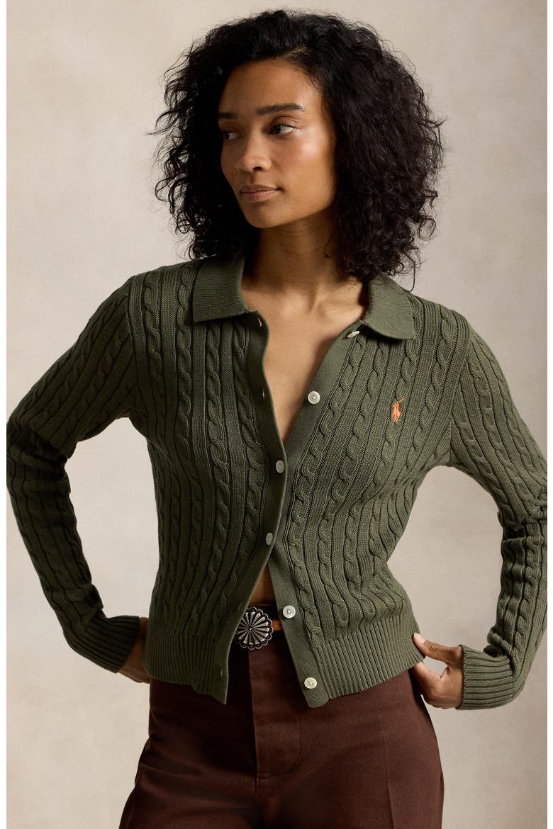 Cable Knit Cotton Cardigan, Alternate, color, DENSE OLIVE