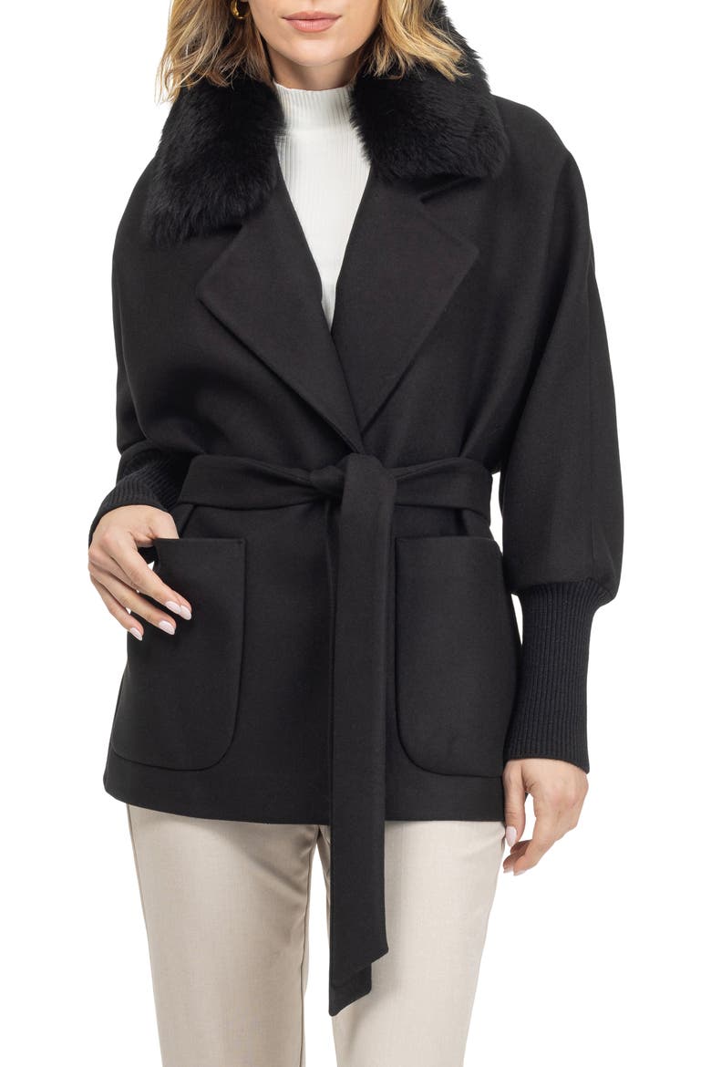Fabric Jacket With Detachable Genuine Shearling Collar, Belt, Alternate, color, BLACK