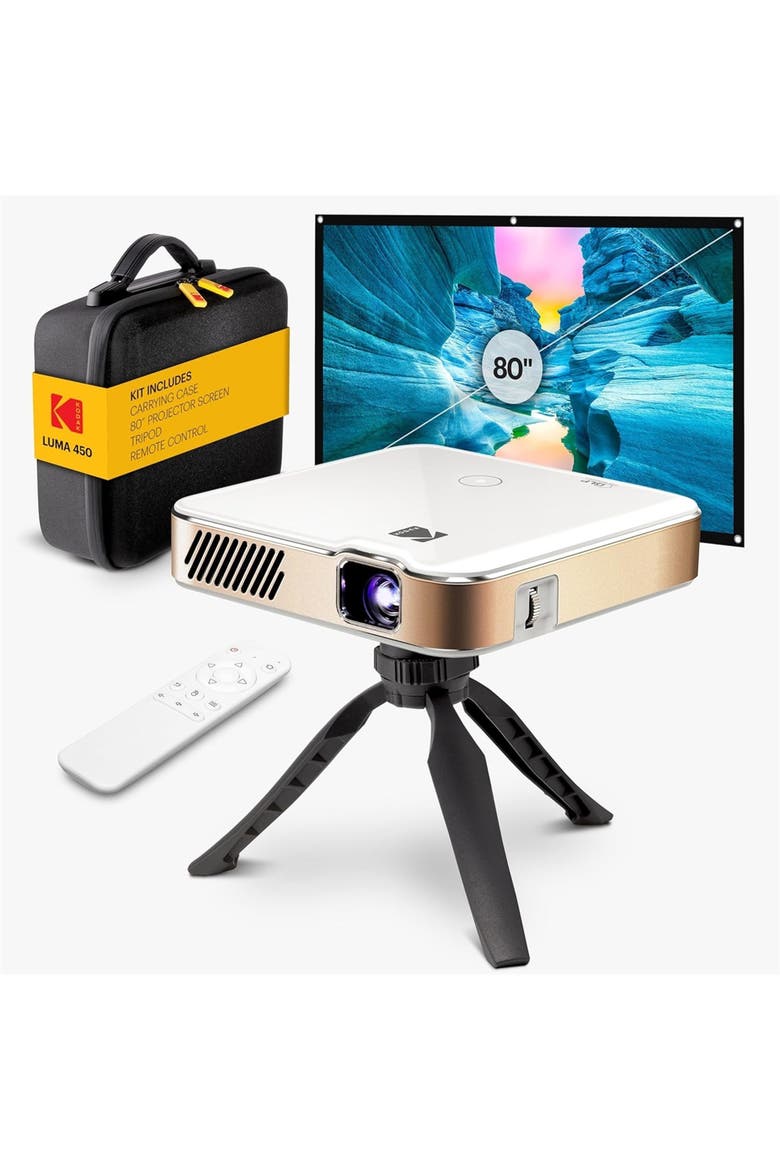 Luma 450 Smart Projector, Full HD Portable Pico Projector with 80" Screen, Tripod, Remote & Case, Main, color, White