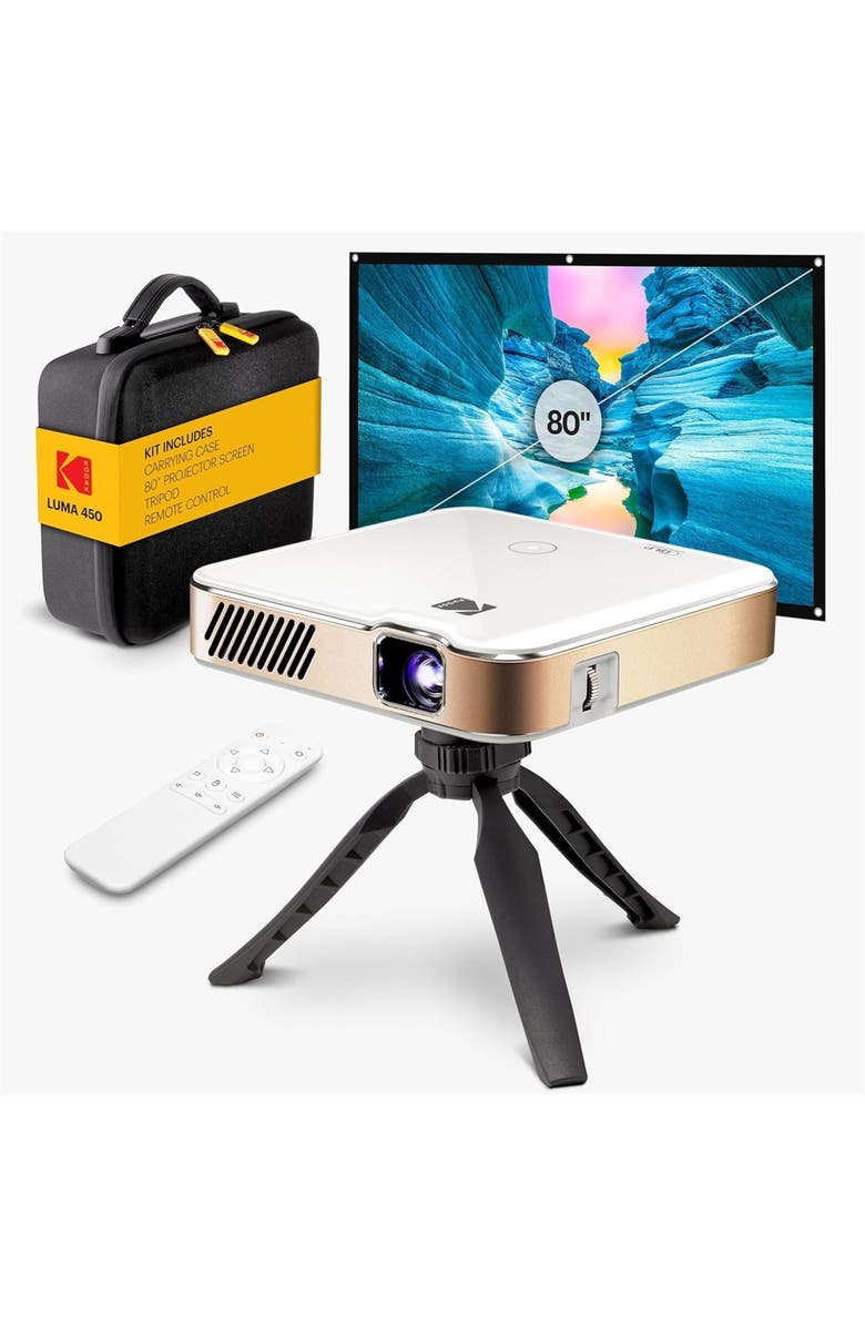 Kodak Luma 450 Smart Projector, Full HD Portable Pico Projector with 80" Screen, Tripod, Remote
Case, Main, color, White