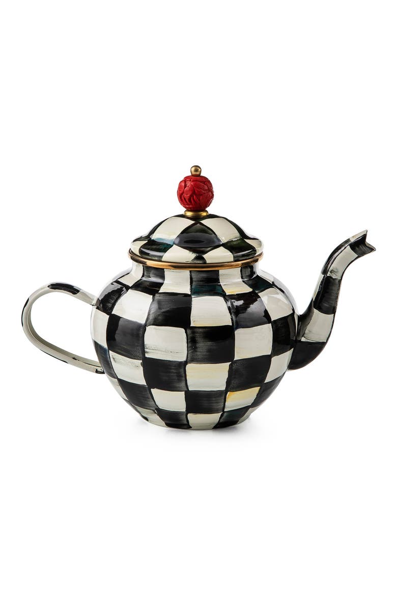 Courtly Check Enameled Steel 4-Cup Teapot, Main, color, BLACK/ WHITE