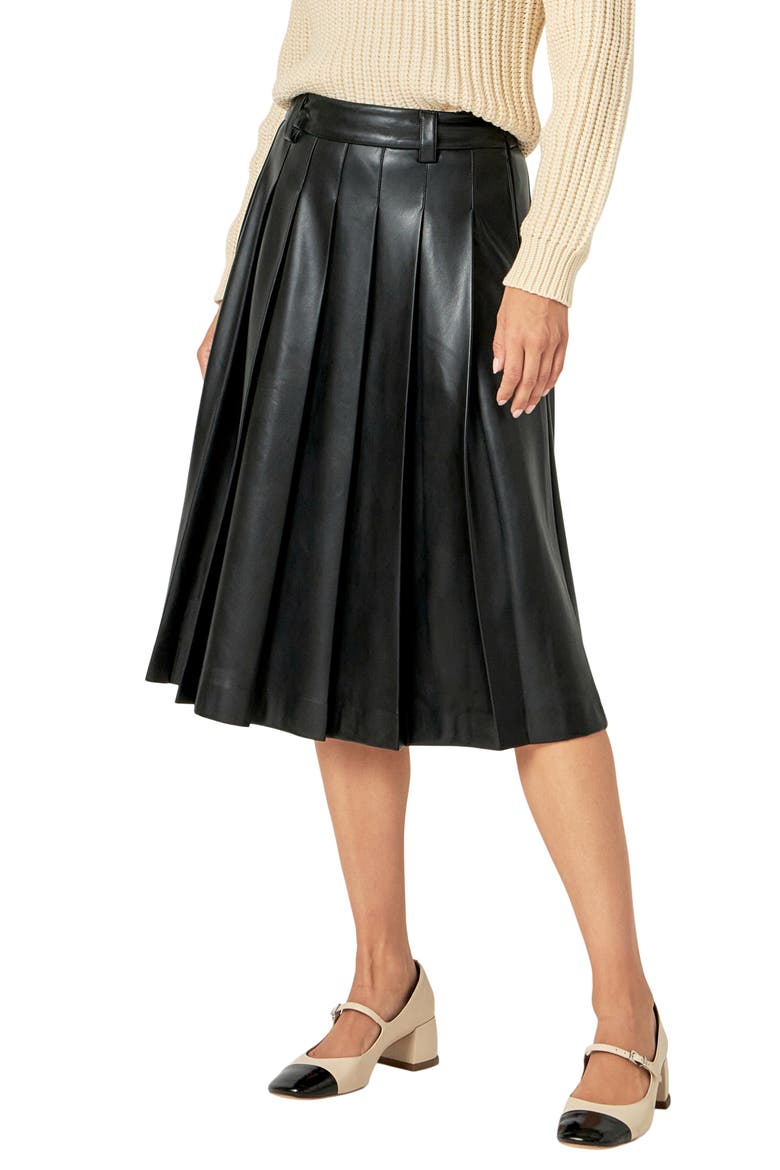 Pleated Faux Leather Skirt, Alternate, color, BLACK