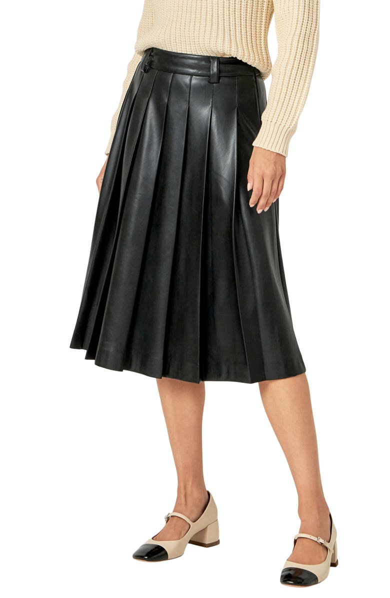 English Factory Pleated Faux Leather Skirt, Alternate, color, Black