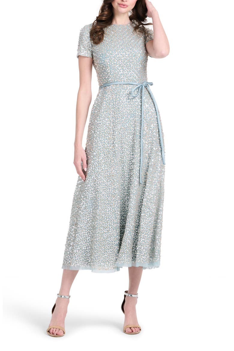Sequin Encrusted Translucent Tie Waist Cocktail Dress, Main, color, LIGHT BLUE