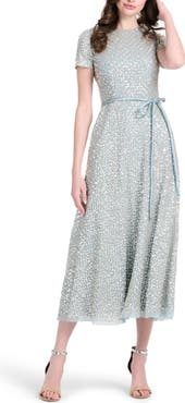 EMILY SHALANT Sequin Encrusted Translucent Tie Waist Cocktail Dress