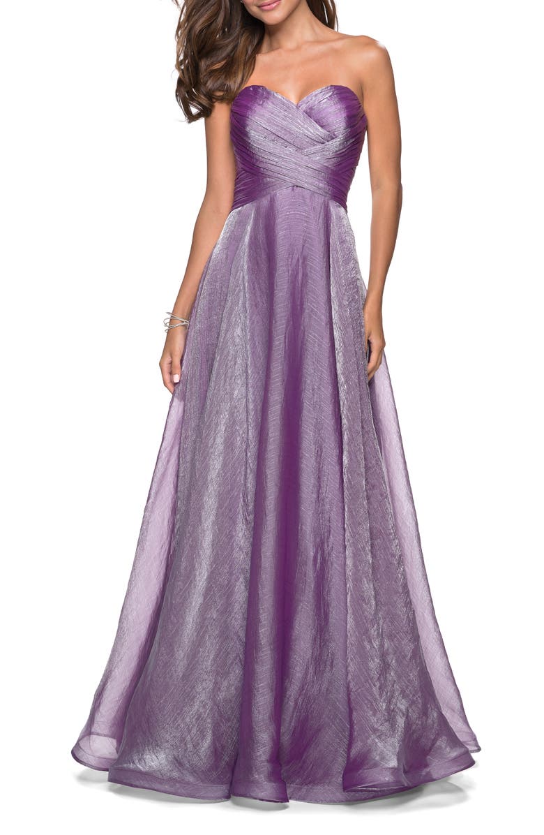 La Femme Strapless Chiffon Dress with Criss Cross Bodice Detail, Alternate, color, Orchid