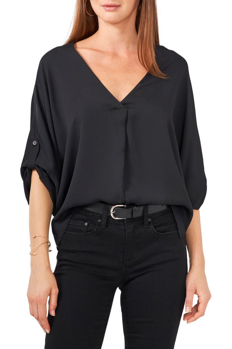 Roll Tab Sleeve Tunic Top, Main, color, RICH BLACK