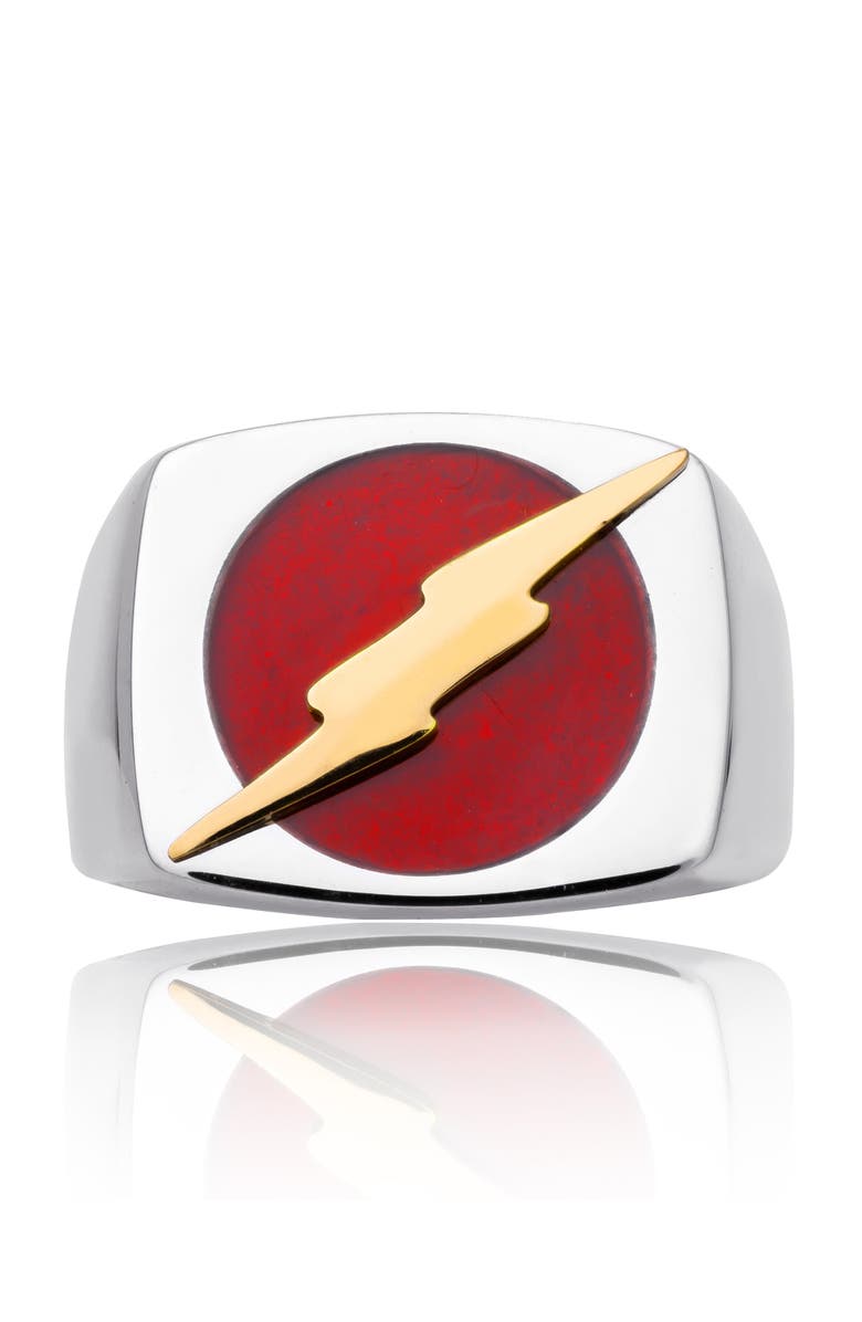 DC Comics Stainless Steel Justice League Superhero Logo Ring Jewelry, The Flash, Size 10, Alternate, color, Silver, Red