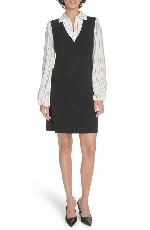 Pinstripe Long Sleeve Twofer Dress