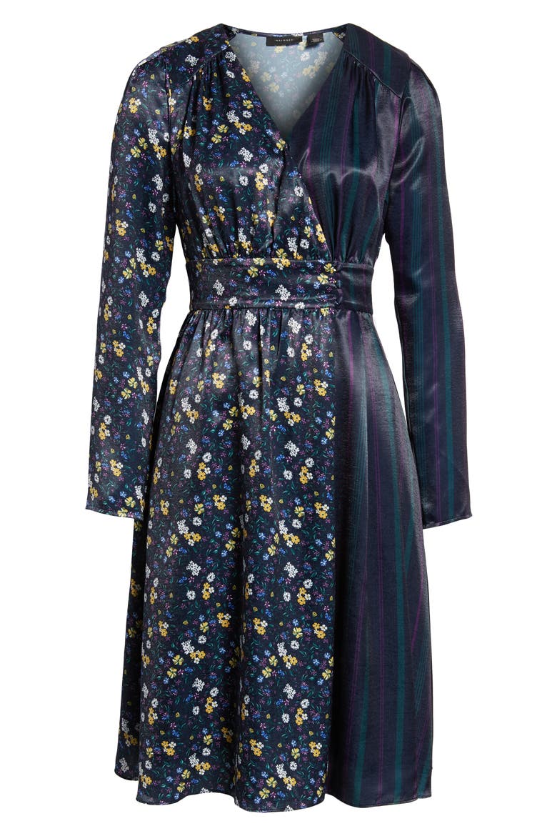 Print Satin Dress, Alternate, color, NAVY FLORAL MIX PRINT