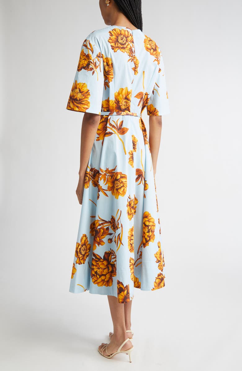 Oscar de la Renta Tonal Peony Print Stretch Poplin Belted Dress, Alternate, color, Brown/ Ice Blue