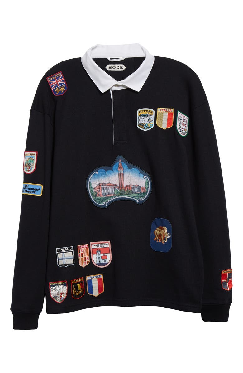 Bode Passport Patch Rugby Shirt, Alternate, color, Black