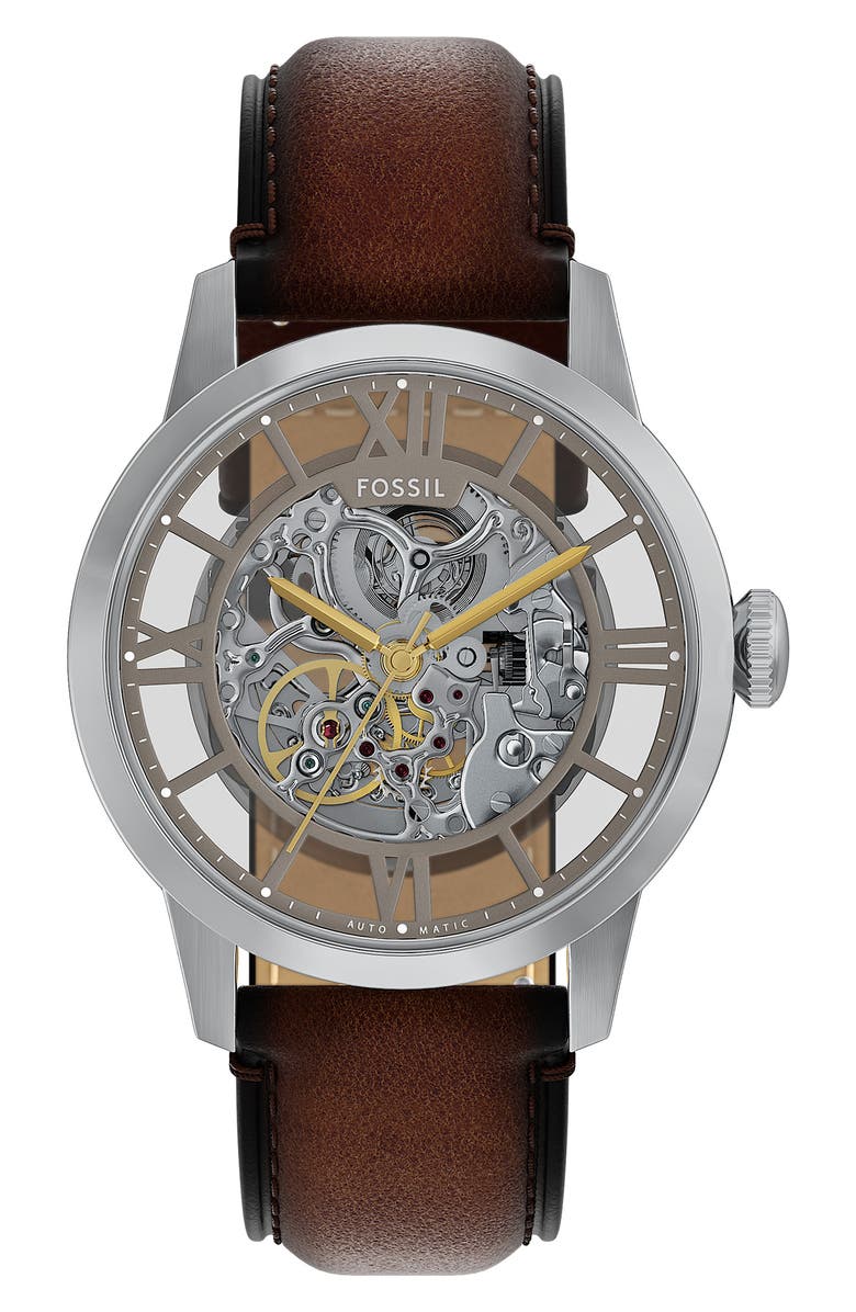 Fossil Townsman Leather Strap Watch, 44mm, Main, color, Brown/ Silver/ Gold