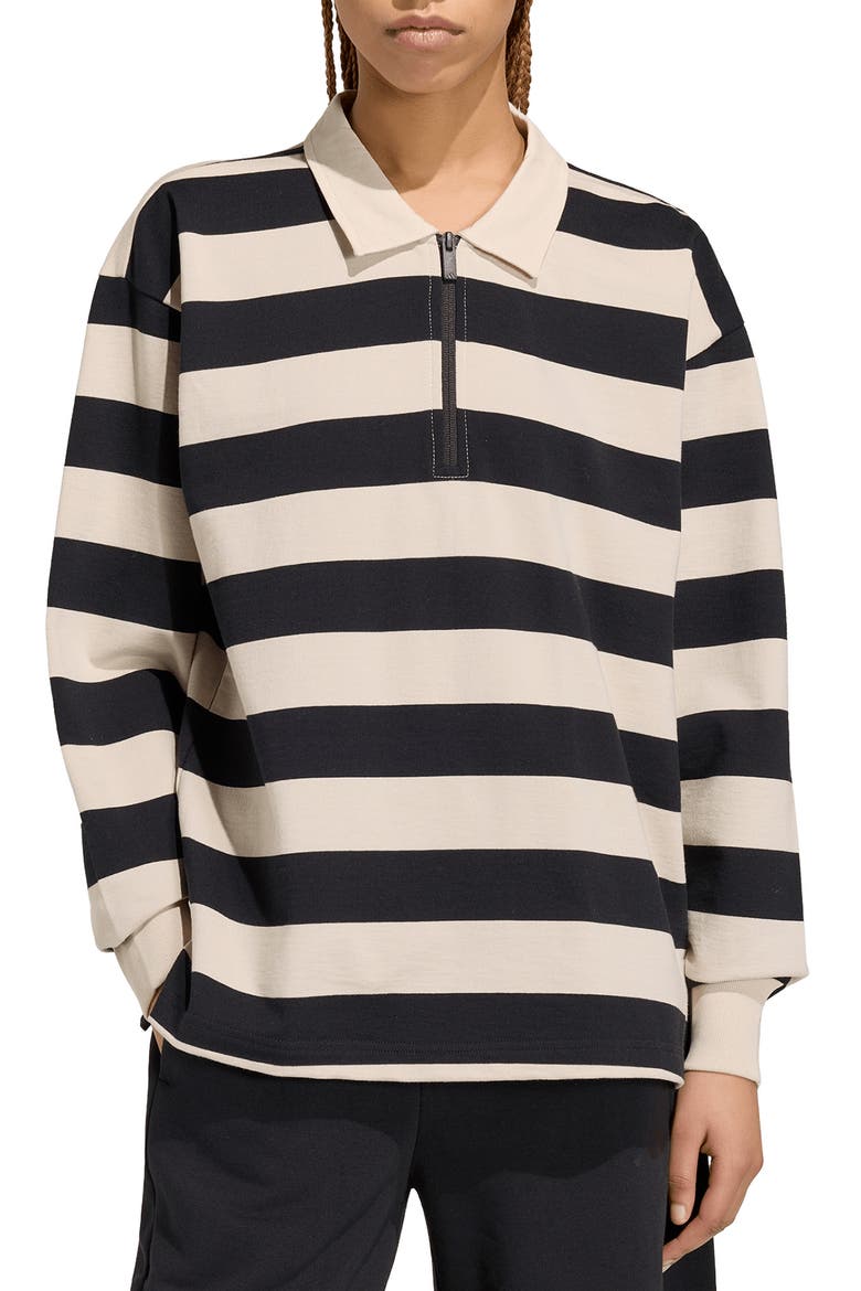 Striped Quarter Zip Cotton Polo, Main, color, BLACK/CRYSTAL LINEN