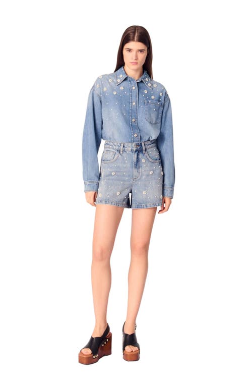Maje Womens Flower-embellished High-rise Denim Shorts Bleus In Blue