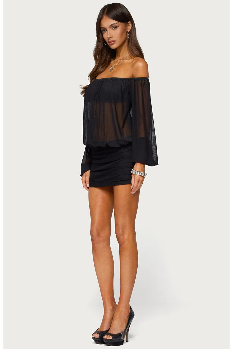 Jorie Off the Shoulder Mesh Minidress, Alternate, color, BLACK