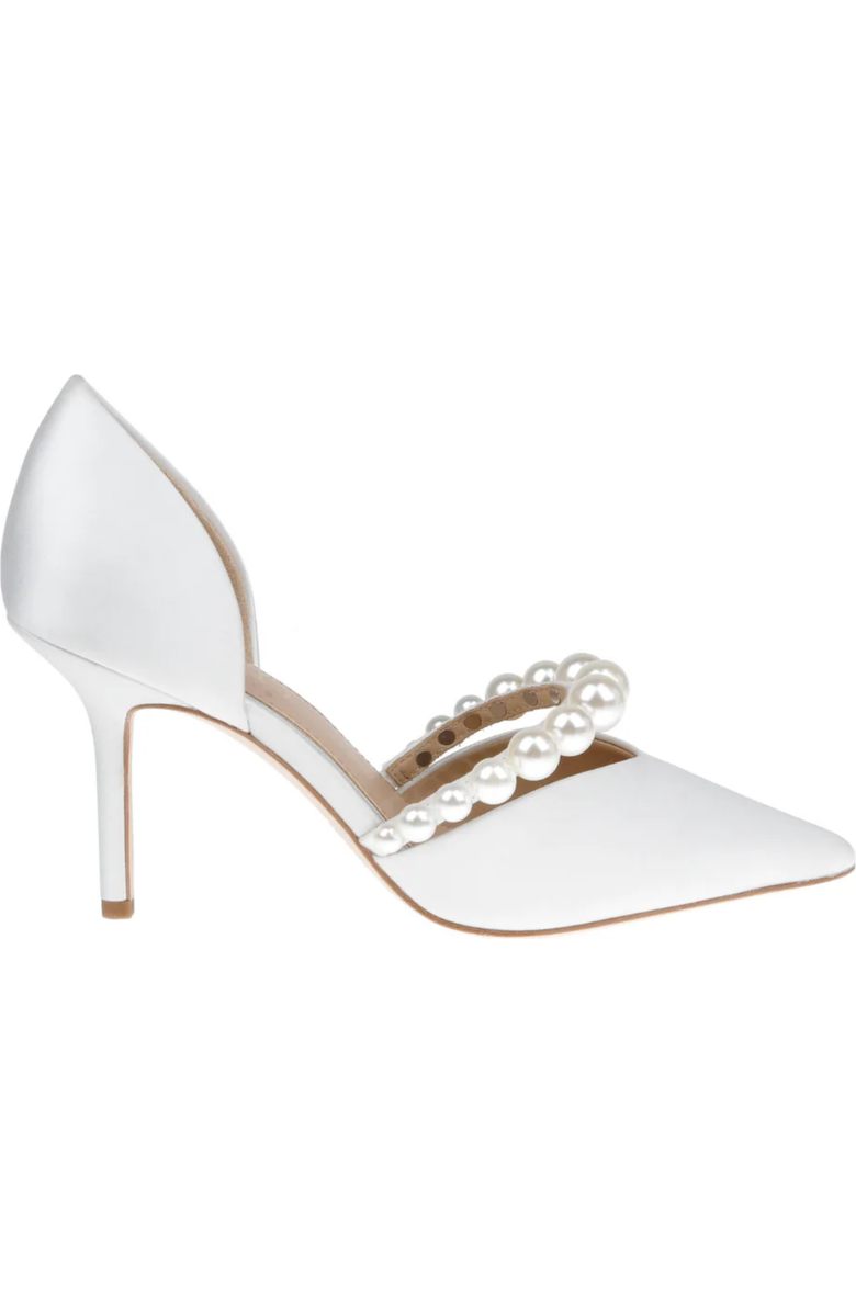 HARLO Emma - Satin Bridal D'Orsay Mid Heel with Pearl Strap, Main, color, Soft White Satin