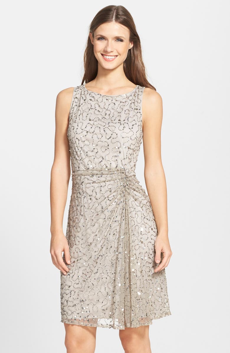 Pisarro Nights Sequin & Bead Gathered Mesh Dress, Main, color,