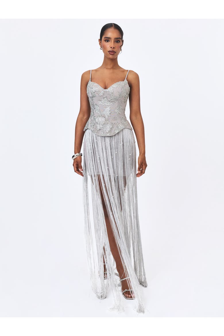 Olisa Beaded Peplum Tassel Maxi Dress, Alternate, color, Silver