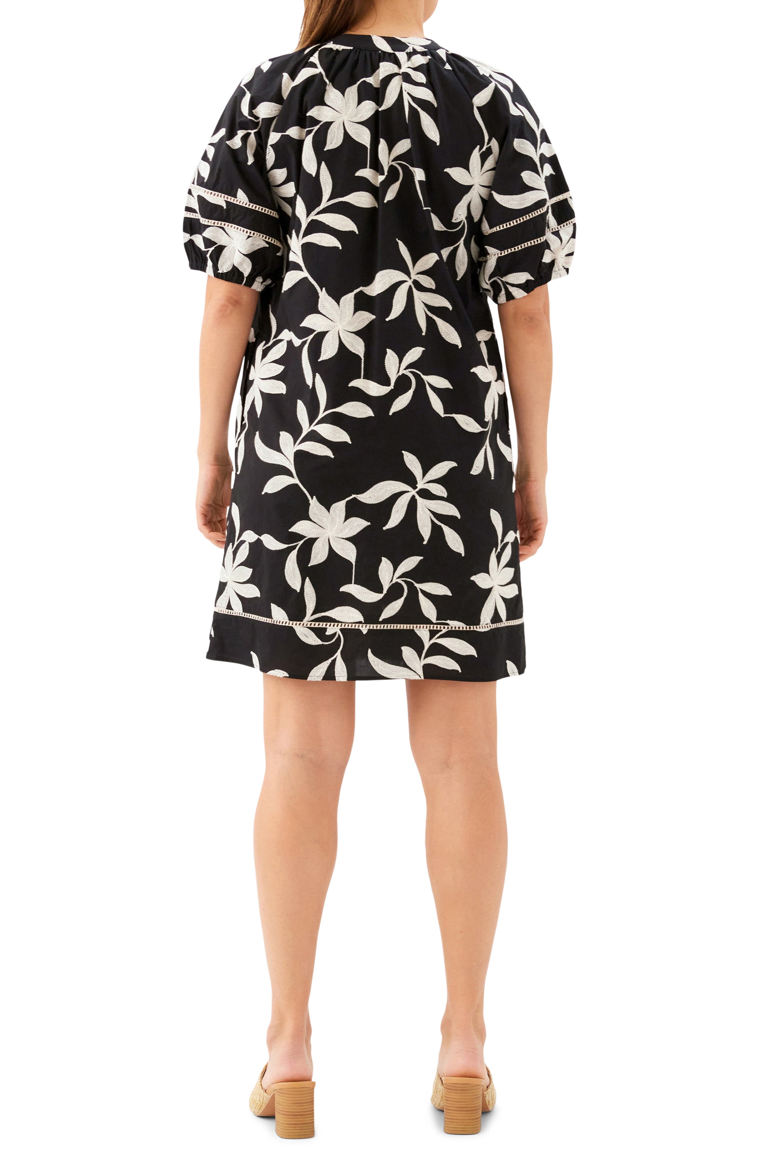 Floral Embroidered Puff Sleeve Cotton Shift Dress - image 2
