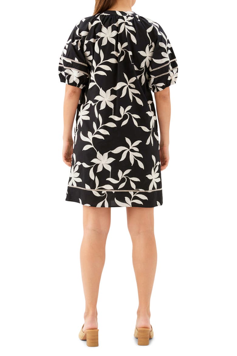 Floral Embroidered Puff Sleeve Cotton Shift Dress, Alternate, color, BLACK