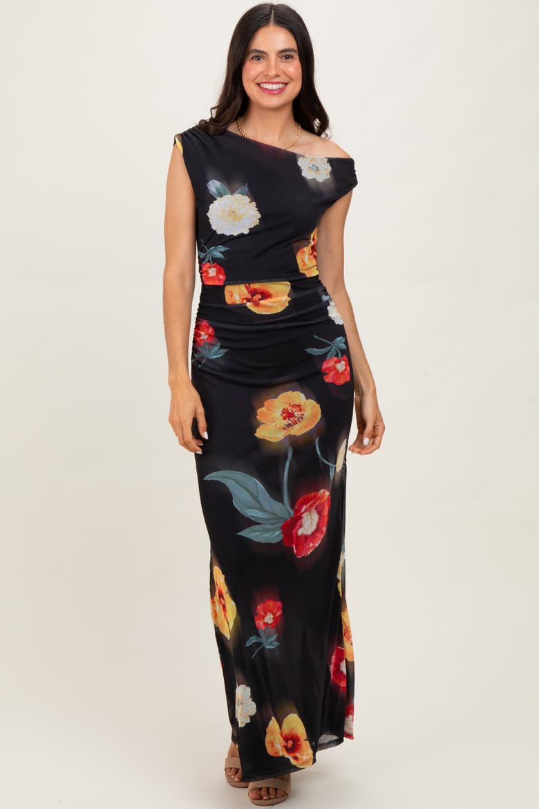 Mesh Floral One Shoulder Maxi Dress, Alternate, color, Black