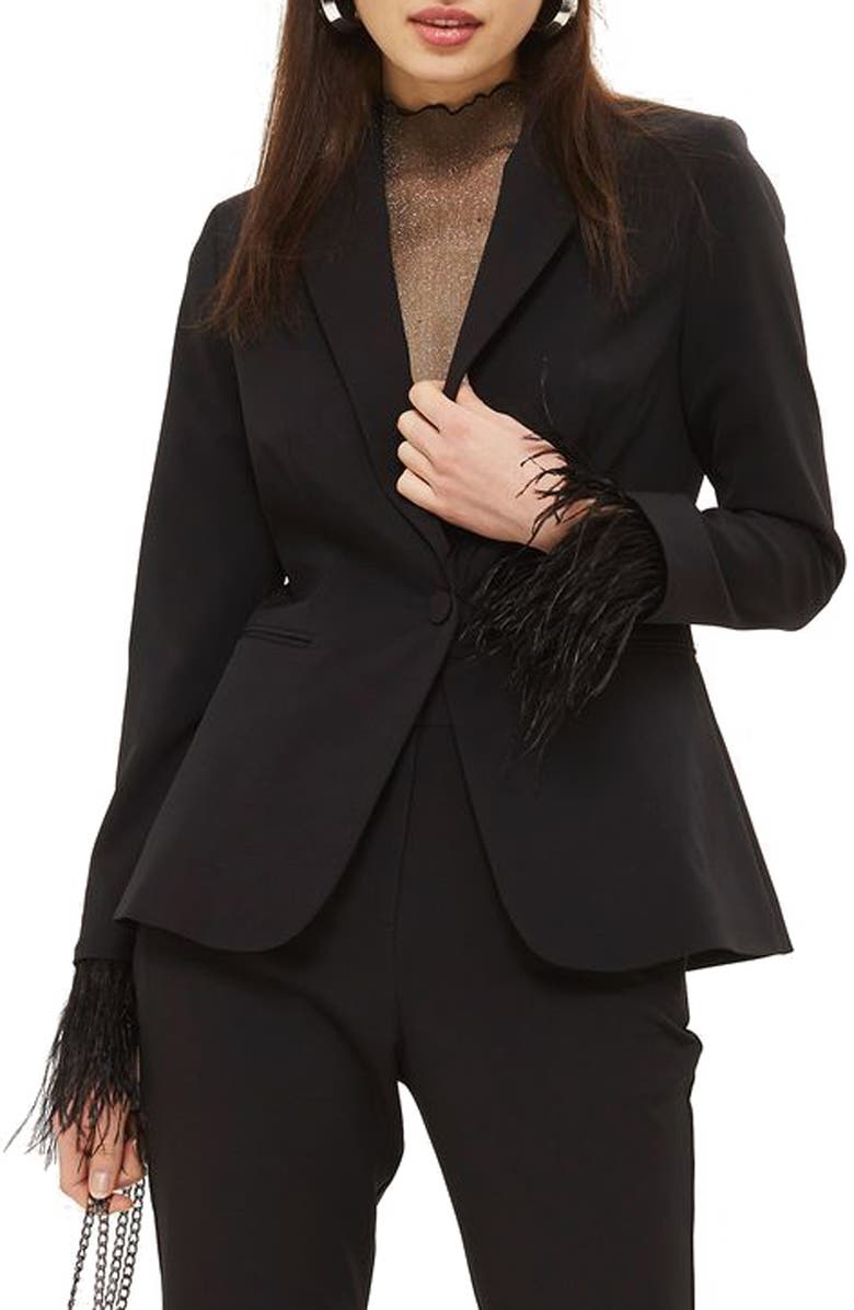 Topshop Feather Trim Blazer, Main, color,