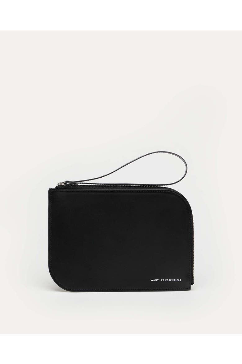 Arch Smooth Leather Cosmetic Pouch, Main, color, Black