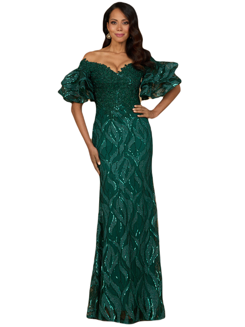 Off Shoulder Mermaid Beaded Gown with Tiered Sleeves