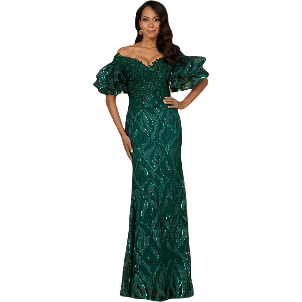 Lara New York Off Shoulder Mermaid Beaded Gown With Tiered Sleeves In Green