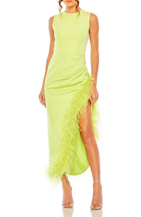 Sleeveless Faux Wrap Dress with Feather Detail