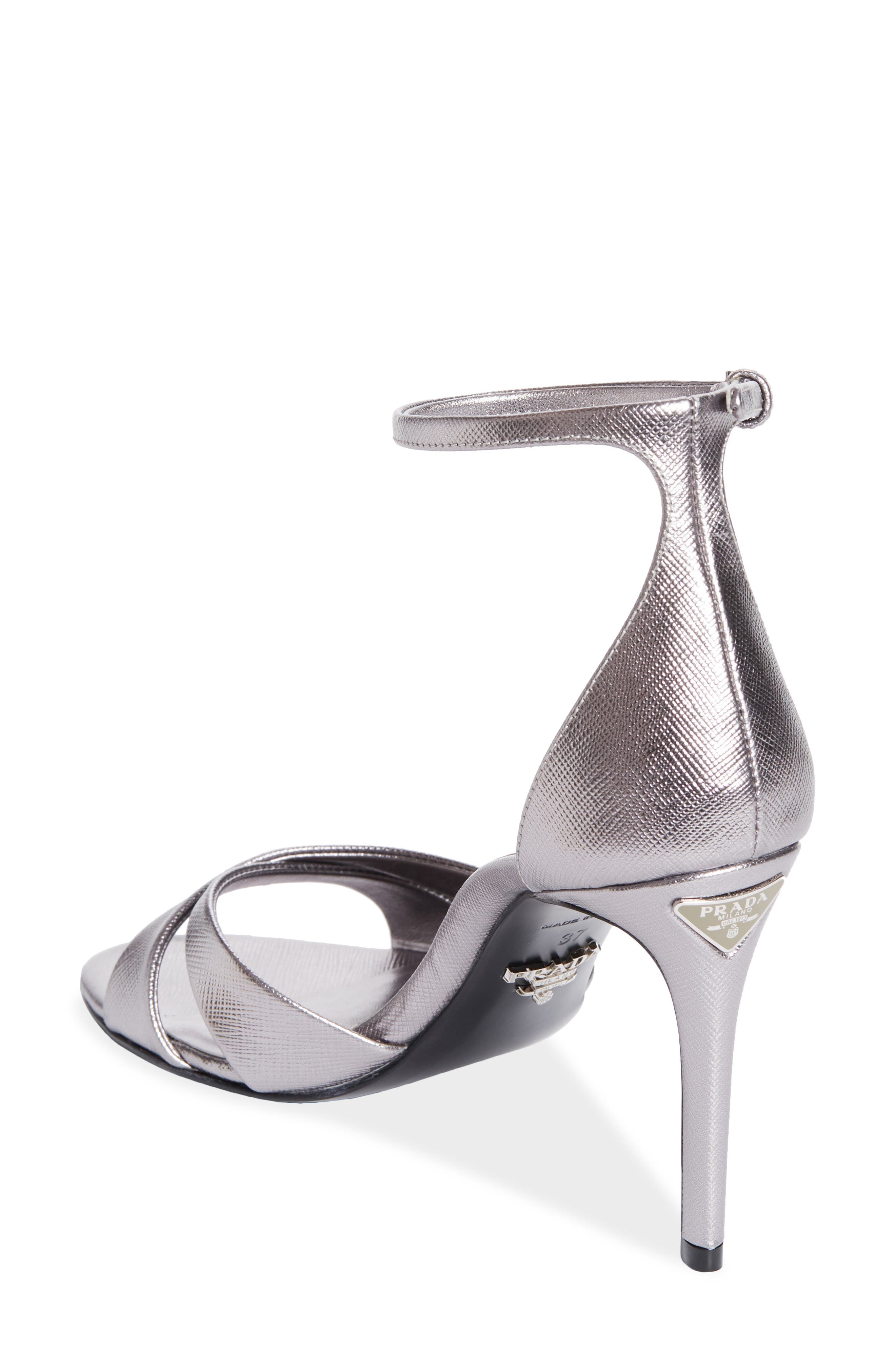 Prada Saffiano Metallic Leather Ankle Strap Sandal, Alternate, color, Cromo